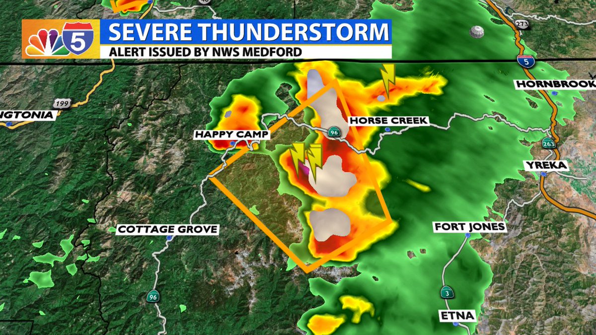 SEVERE THUNDERSTORM WARNING: 5:13PM - Severe Thunderstorm 12 miles SE of Happy Camp. Little to no storm movement. 
60+mph Winds Gusts and Quarter Size Hail possible. Impacts expected through 6:00pm. #ORwx #CAwx