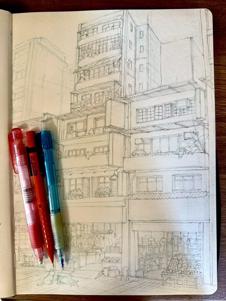 おはようございます☀️ #朝活スケッチ24日目 1日15分！今日は奥の建物描き…形を整えるのがむずかしー！