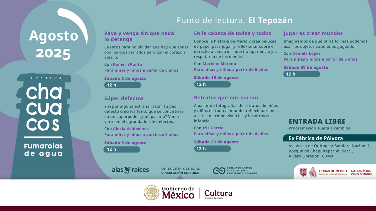 📚🎲 ¡Agosto en la #LudotecaChacuacos!

Niñas y niños desde 6 años podrán jugar, leer y crear en el Punto de lectura El Tepozán.

🗓️ Todos los sábados | 12 h
📍 Ex Fábrica de Pólvora
💜 Entrada libre
#SomosAlasyRaíces #CulturaInfantil