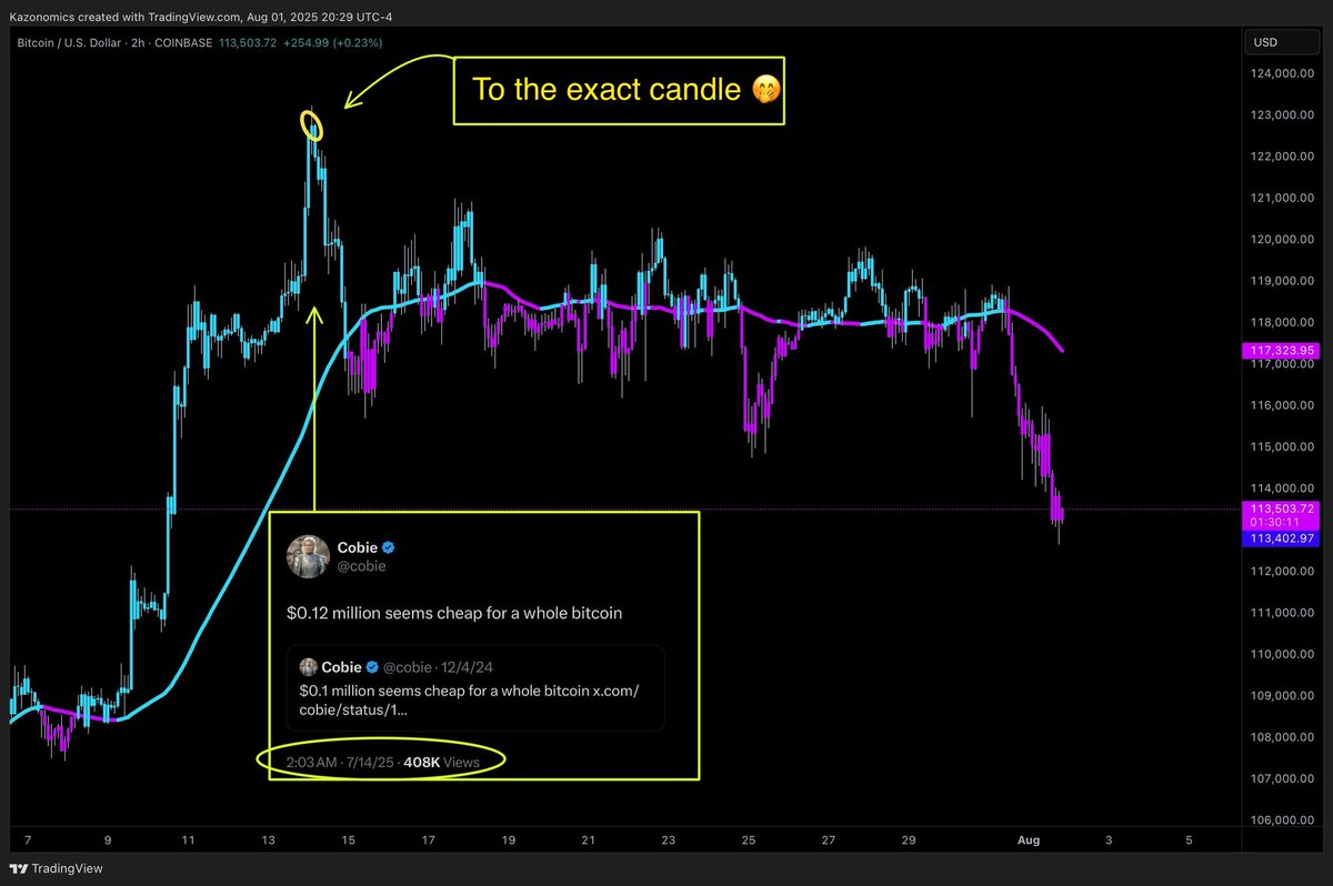 TheRealNomics's tweet photo. U really can’t make this up but once again the kol sending #crypto long at the dead top same as December 2024 ur boy @cobie dude is a top calling legend with ur 💰 he really doesn’t get the credit he deserves 4 the billions in liquidations he helps 2 create each cycle 😸 #bitcoin https://t.co/Ay6no6OYrI