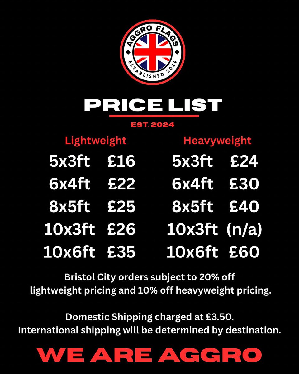 AggroFlags's tweet image. FLY THE NEW FLAG. 
Top quality flags for proper squads - whether you’re in the stands or the boozer, we’ve got the gear to rep your club and crew loudly 👊
𝗡𝗢 𝗠𝗨𝗚𝗦. 𝗝𝗨𝗦𝗧 𝗣𝗥𝗢𝗣𝗘𝗥 𝗞𝗜𝗧.

🔴 BRISTOL CITY LADS – DISCOUNT FOR THE FAITHFUL 🔴
📦 £3.50 UK shipping