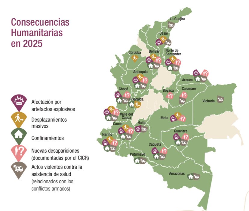 JDCastellanosO's tweet photo. Colombia vive una emergencia humanitaria sin precedentes. Durante los gobiernos de Juan Manuel Santos (2010–2018) e Iván Duque (2018–2022), el Comité Internacional de la Cruz Roja (CICR) alertó sobre situaciones críticas, no obstante, ahora advierte que 2025 podría cerrar como el peor año de la última década en consecuencias para la población civil. Lo que está pasando es gravísimo y aquí se los explico con algunas cifras muy dicientes 🧵👇🏻
