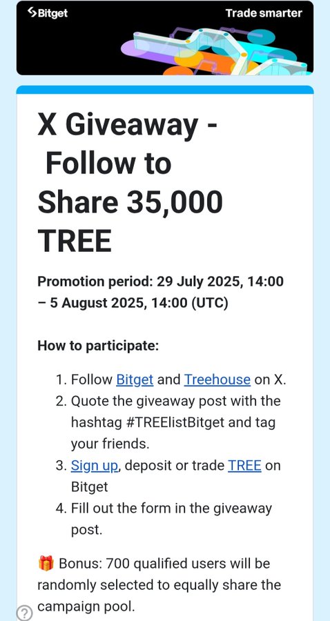 putra_galuh02's tweet photo. Giveaway alert ! 
1. Follow @bitgetglobal and @TreehouseFi on X

2. Quote the giveaway post with the hashtag #TREElistBitget and tag your friends

3. Sign up, deposit or trade TREE on Bitget

4. Fill out the form in the giveaway post

@RayaNirmala07
@smartfrencare
@archiveforJK https://t.co/UM0XY48ZuG