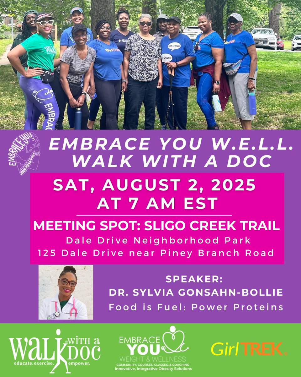 Come join our Embrace You W.E.L.L. <a href="/walkwithadoc/">Walk with a Doc</a> in collaboration with Habibah Jackson and <a href="/GirlTrek/">GirlTrek</a>. We’re talking Food is Fuel: Power Proteins with Dr. Sylvia Gonsahn-Bollie, <a href="/EmbraceYouMD/">Dr. Sylvia “Voice” Bollie, MD, DABOM</a> 💜 Sat, 8/2 at 7 AM EST at Sligo Creek Trail in Dale Drive Neighborhood Park