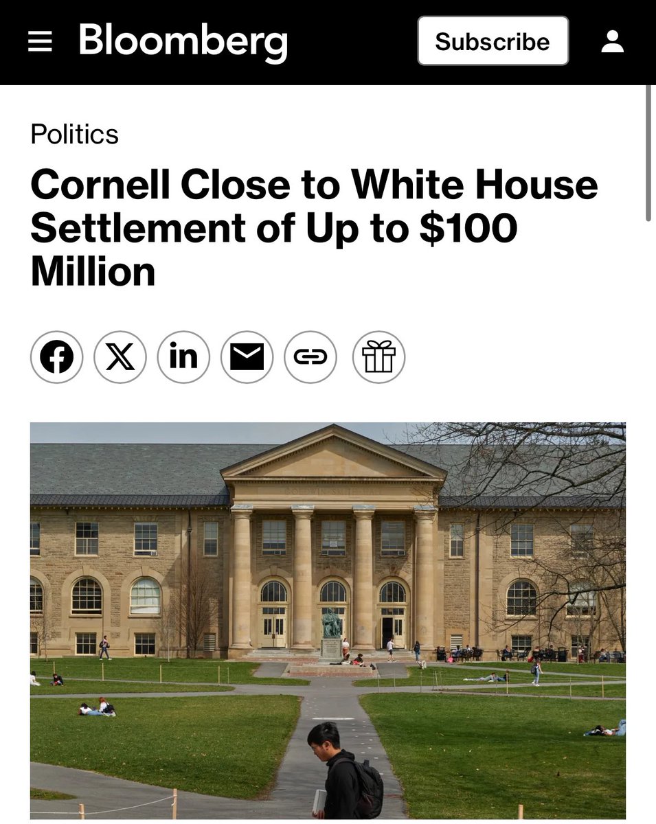 Cornell is reportedly closing in on a $100 million settlement with the Trump admin.

Whether there will be an external monitor is still being negotiated.

Cornell has to have one of the most extensive DEI regimes in the Ivy League.