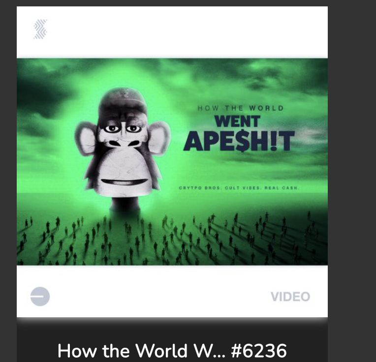Just watched How The World Went Ape Shit and it actually slaps
Production is 🔥 it’s funny you learn stuff and it reminds you why NFTs made sense in the first place.
Big shoutout to <a href="/BordasSharon/">Sharon Bordas</a> <a href="/OriginalProds/">Original Productions</a> <a href="/FremantleUS/">Fremantle US</a> and <a href="/stuff_io/">Stuff.io</a> for making it happen as a real NFT