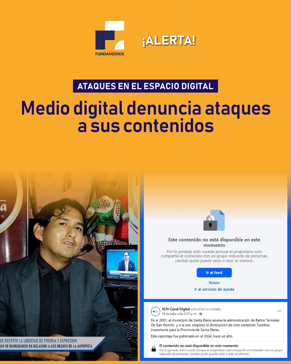 🔴 #ALERTA | El medio KLN Noticias denunció que varios de sus videos fueron bloqueados en Facebook, tras cubrir una protesta ciudadana en La Libertad. Ya son al menos 8 actores locales de prensa afectados por el mismo patrón.

➡️ bit.ly/4lclOVV