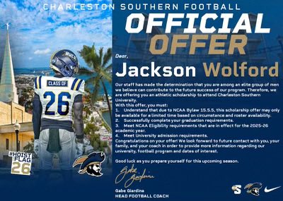 Jackson Wolford (@jacksonwolford4) on Twitter photo Extremely blessed to receive my official offer from <a href="/CSU_FB/">Charleston Southern Football</a>! <a href="/CoachLMartin/">Landon Martin</a> <a href="/SethStrick11/">𝐒𝐞𝐭𝐡 𝐒𝐭𝐫𝐢𝐜𝐤𝐥𝐚𝐧𝐝</a> <a href="/GabeGiardina/">Gabe Giardina</a> <a href="/CoachCorley_/">Liam Corley</a> <a href="/JonesTheCoach_/">Patrick Jones</a> <a href="/Velocity_FB/">Velocity Football Academy™</a> <a href="/DenmarkDanesFB/">Denmark Football</a> Extremely blessed to receive my official offer from <a href="/CSU_FB/">Charleston Southern Football</a>! <a href="/CoachLMartin/">Landon Martin</a> <a href="/SethStrick11/">𝐒𝐞𝐭𝐡 𝐒𝐭𝐫𝐢𝐜𝐤𝐥𝐚𝐧𝐝</a> <a href="/GabeGiardina/">Gabe Giardina</a> <a href="/CoachCorley_/">Liam Corley</a> <a href="/JonesTheCoach_/">Patrick Jones</a> <a href="/Velocity_FB/">Velocity Football Academy™</a> <a href="/DenmarkDanesFB/">Denmark Football</a>