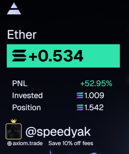 Trade 34 : $ETHER
First bought the og but pic was bad, sold for profit and then rotated into the vamp. Got out to early, could have made 2 sol. I need to be less scared to lose when im in a good coin and in profit.