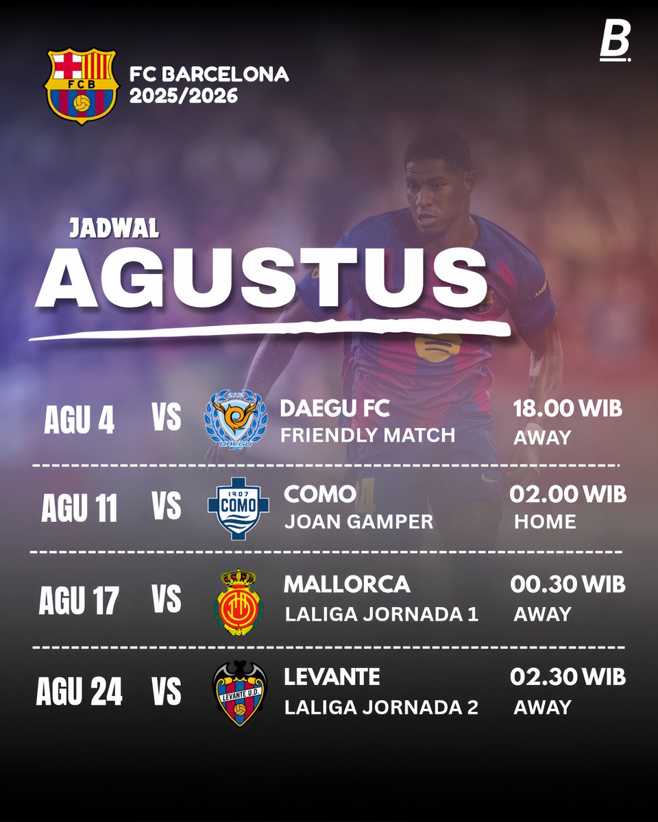 Berikut adalah jadwal Barcelona di bulan Agustus 2025. Semoga bisa juara Joan Gamper musim ini. Aamiin 🙏

Visca Barca 💙❤️ #siempre