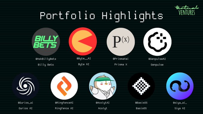 Virtuals Ventures Portfolio Highlights featuring Billy Bets, Byte AI, Prisma X, and more