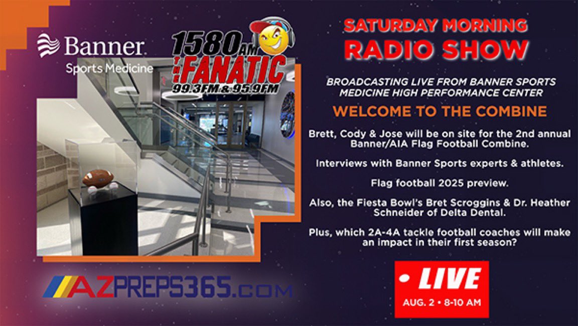 Cody Cameron (@codytcameron) on Twitter photo PACKED show tomorrow morning @ the Banner Sports Medicine High Performance Center ⬇️
2025 Flag Football preview
Interview with <a href="/Fiesta_Bowl/">Fiesta Sports Foundation</a>’s Bret Scroggins, Recapping <a href="/CUSDAthletics/">CUSDAthletics</a> Media Day, New HC’s in 2A-4A landscape (<a href="/mostreety/">Coach Mo</a> <a href="/CoachBlueford/">Coach Myron Blueford, M.Ed.</a>, <a href="/CoachHolmes10/">Rod Holmes</a> ect) PACKED show tomorrow morning @ the Banner Sports Medicine High Performance Center ⬇️
2025 Flag Football preview
Interview with <a href="/Fiesta_Bowl/">Fiesta Sports Foundation</a>’s Bret Scroggins, Recapping <a href="/CUSDAthletics/">CUSDAthletics</a> Media Day, New HC’s in 2A-4A landscape (<a href="/mostreety/">Coach Mo</a> <a href="/CoachBlueford/">Coach Myron Blueford, M.Ed.</a>, <a href="/CoachHolmes10/">Rod Holmes</a> ect)