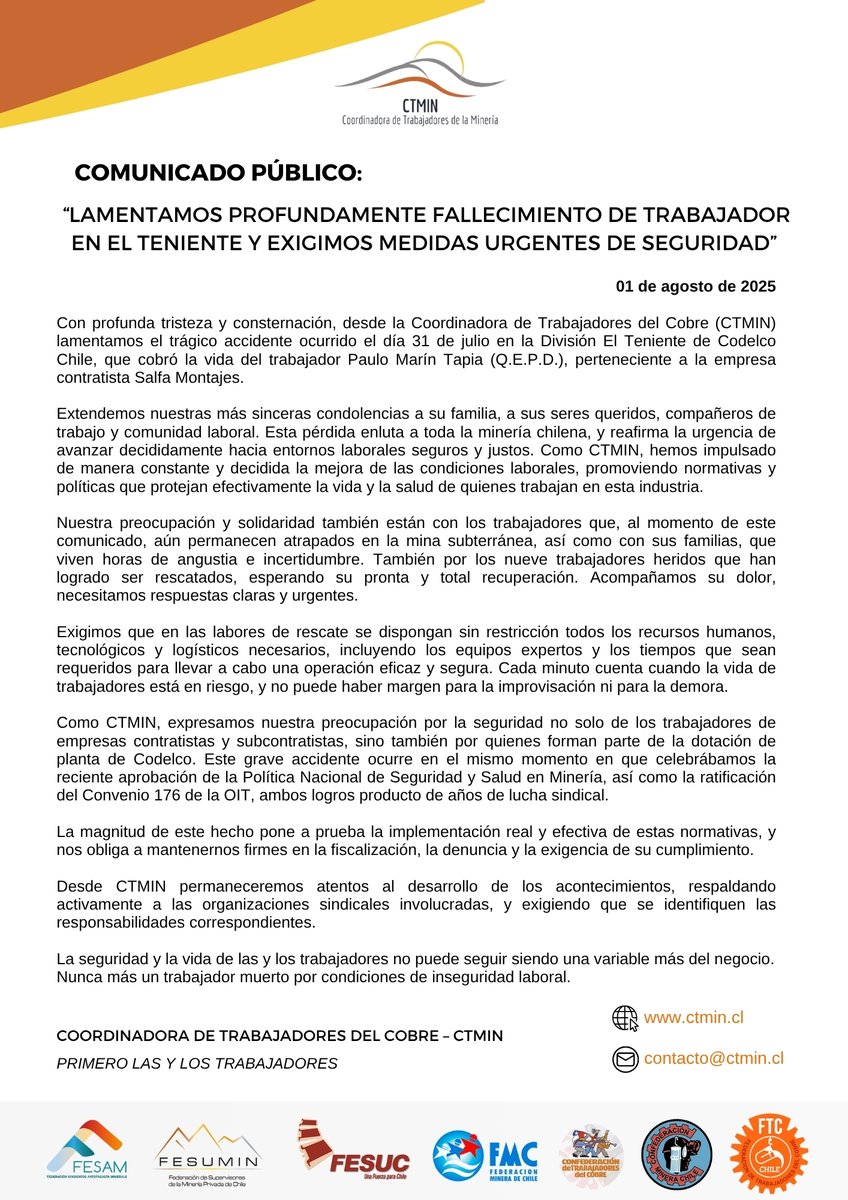 CTMIN lamenta fallecimiento de Paulo Marín Tapia (Q.E.P.D.), trabajador de Salfa Montajes en El Teniente.

Expresamos nuestras condolencias y preocupación por los heridos y atrapados tras el derrumbe en faena subterránea.

#CTMIN #Codelco #ElTeniente #MineríaSegura #Convenio176