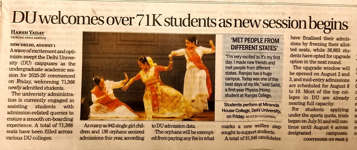 Harsh Kumar Yadav (@ydv_harshh) on Twitter photo DU welcomes over 71K students as new session begins
A wave of excitement and optimism swept the Delhi University (DU) campuses as the undergraduate academic session for 2025-26 commenced on Friday.
Link- tribuneindia.com/news/delhi/du-…
<a href="/thetribunechd/">The Tribune</a>
<a href="/anshumalini3/">Aditi Tandon</a>
<a href="/UnivofDelhi/">University of Delhi</a> DU welcomes over 71K students as new session begins
A wave of excitement and optimism swept the Delhi University (DU) campuses as the undergraduate academic session for 2025-26 commenced on Friday.
Link- tribuneindia.com/news/delhi/du-…
<a href="/thetribunechd/">The Tribune</a>
<a href="/anshumalini3/">Aditi Tandon</a>
<a href="/UnivofDelhi/">University of Delhi</a>