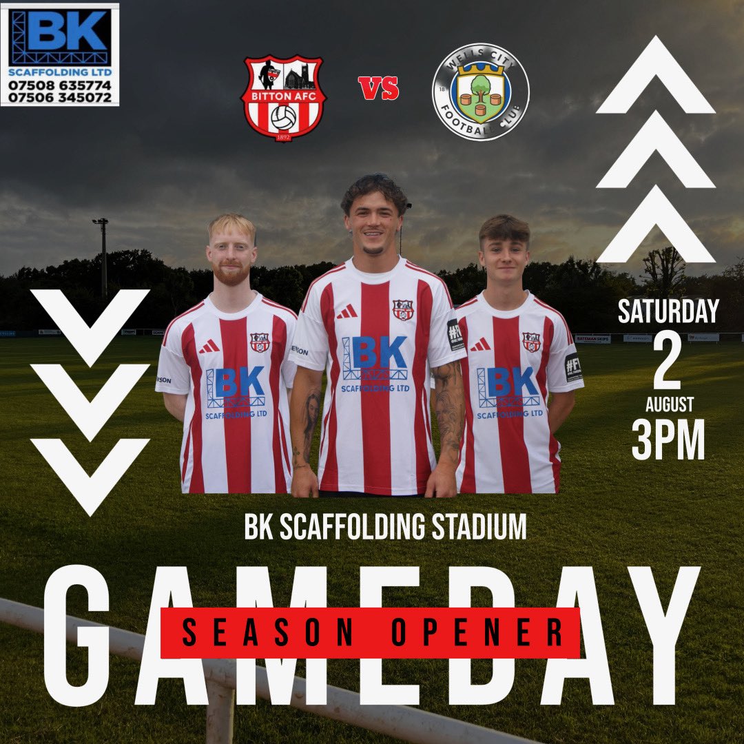 BittonAFC© (@bittonafc) on Twitter photo 🔴⚪️ 𝕋𝕙𝕖 𝕋𝕠𝕟 𝕀𝕤 𝔹𝕒𝕔𝕜 ⚪️🔴
Welcome back as we face <a href="/CityWellsfc/">Wells City FC</a> this afternoon in our first league match of the season.
Why not join us?
3 points up for grabs but who will snatch them?
Only one way to find out⚽️⚽️
⚽️Bitton AFC vs Wells City First
🏆Jewson 🔴⚪️ 𝕋𝕙𝕖 𝕋𝕠𝕟 𝕀𝕤 𝔹𝕒𝕔𝕜 ⚪️🔴
Welcome back as we face <a href="/CityWellsfc/">Wells City FC</a> this afternoon in our first league match of the season.
Why not join us?
3 points up for grabs but who will snatch them?
Only one way to find out⚽️⚽️
⚽️Bitton AFC vs Wells City First
🏆Jewson