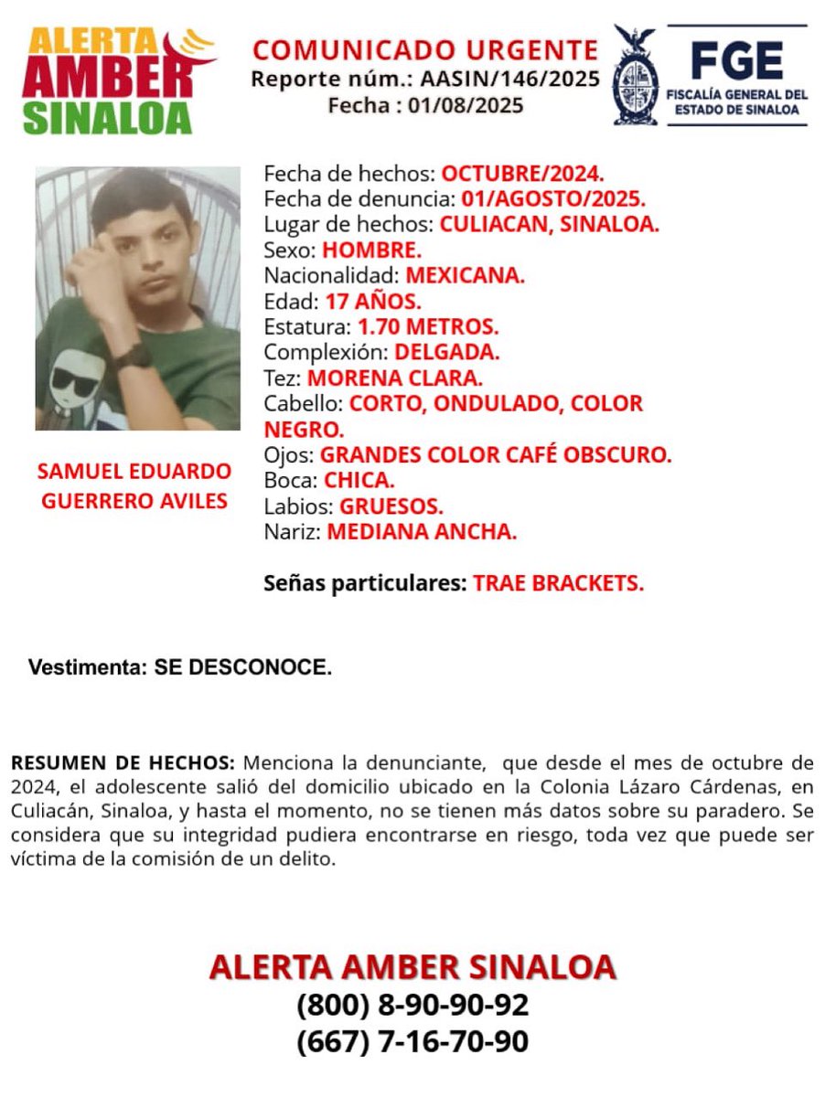 Se busca a Samuel Eduardo Guerrero Avilés, quien fue desaparecido en Culiacán.

#hastaencontrarles