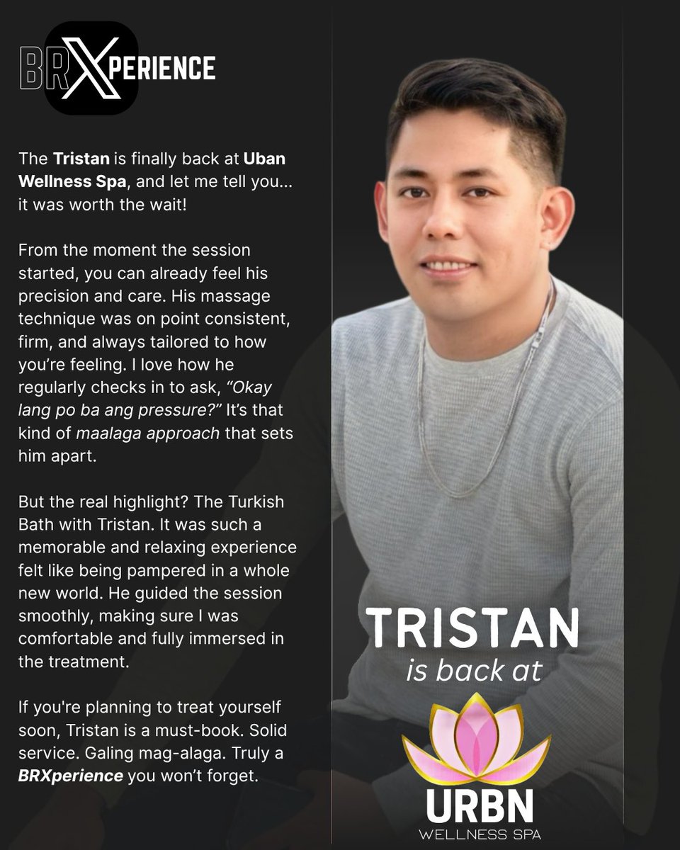 BRXprience's tweet image. My 1st BRXprience

Started this journey with a bang with  Tristan @Chrisamispo of Urbn Wellness Spa @hazilyn_Urbn 

#BRXxperience 
#SpaReview