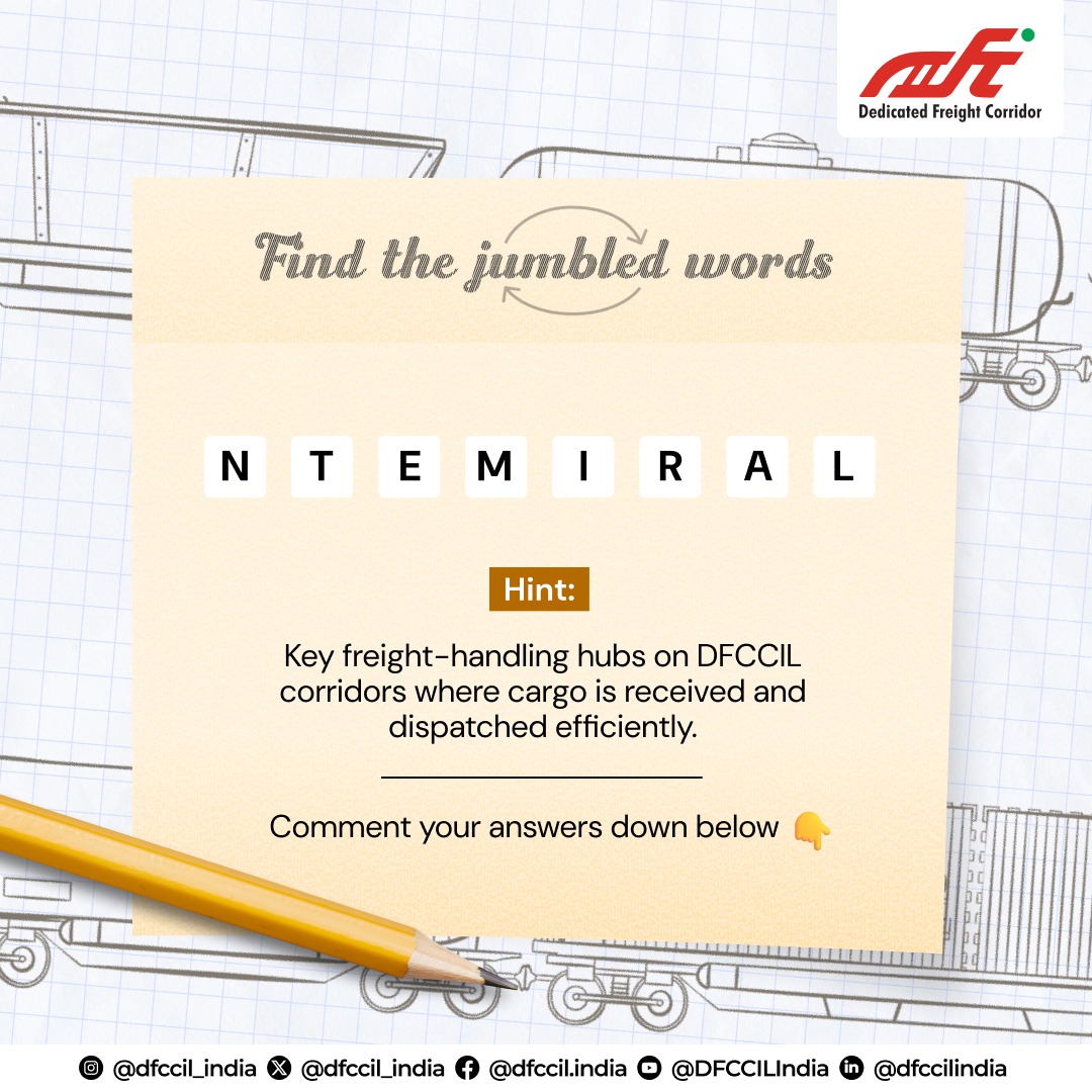 dfccil_india's tweet image. DFCCIL Word Challenge!
Let’s see how sharp your freight logistics vocabulary is!

Drop your answers in the comments and show us you're a true #FreightChampion!

Share this with your friends and test their freight logistics knowledge too!

#DFCQUIZ #DFCCILINDIA