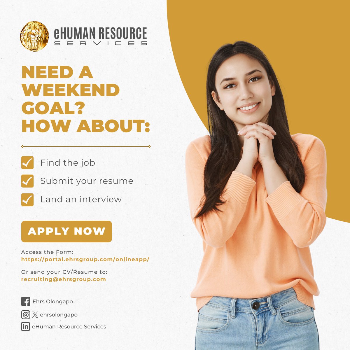 ehrsolongapo's tweet image. Need a weekend goal? How about:
✅ Find the job
✅ Submit your resume
✅ Land an interview

You just have to start. 

📩 Send us your resume today!
📧 Or Send your CV/Resume to: [recruiting@ehrsgroup.com]
On-Site: Olongapo City 📍

#HowToApply #JobHuntingPH