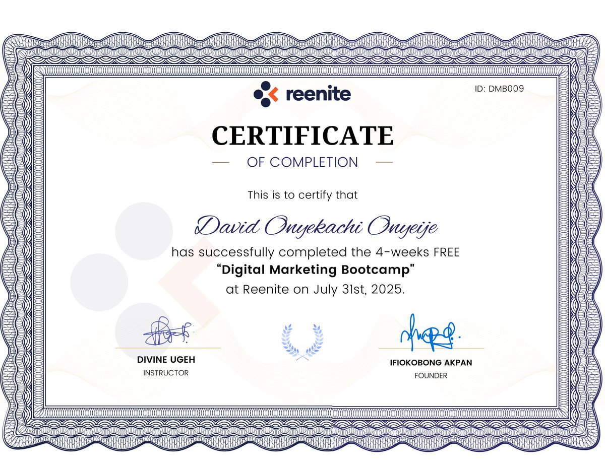 David Onyeije | Borderless 4.0 (@david_onyeije) on Twitter photo As someone who's always open to learning, I took up an opportunity I got from <a href="/chainfutureNG/">Chainfuture Africa</a> to learn Digital Marketing at <a href="/reenitenig/">Reenite</a> for free.
The class was an impactful one thanks to our tutor <a href="/SheSalesAfrica/">She$alesAfrica</a> for making the entire boot camp fun and educative. #certification As someone who's always open to learning, I took up an opportunity I got from <a href="/chainfutureNG/">Chainfuture Africa</a> to learn Digital Marketing at <a href="/reenitenig/">Reenite</a> for free.
The class was an impactful one thanks to our tutor <a href="/SheSalesAfrica/">She$alesAfrica</a> for making the entire boot camp fun and educative. #certification