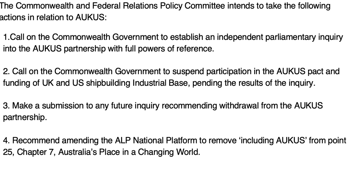 Labor Against War (@labagainstwar) on Twitter photo BREAKING: <a href="/VictorianLabor/">Victorian Labor</a> State Conference has backed LAW's policy recommendation for:
- independent parliamentary inquiry
- suspend participation in AUKUS
- call for withdrawal from AUKUS in any inquiry
- remove AUKUS from ALP national platform BREAKING: <a href="/VictorianLabor/">Victorian Labor</a> State Conference has backed LAW's policy recommendation for:
- independent parliamentary inquiry
- suspend participation in AUKUS
- call for withdrawal from AUKUS in any inquiry
- remove AUKUS from ALP national platform