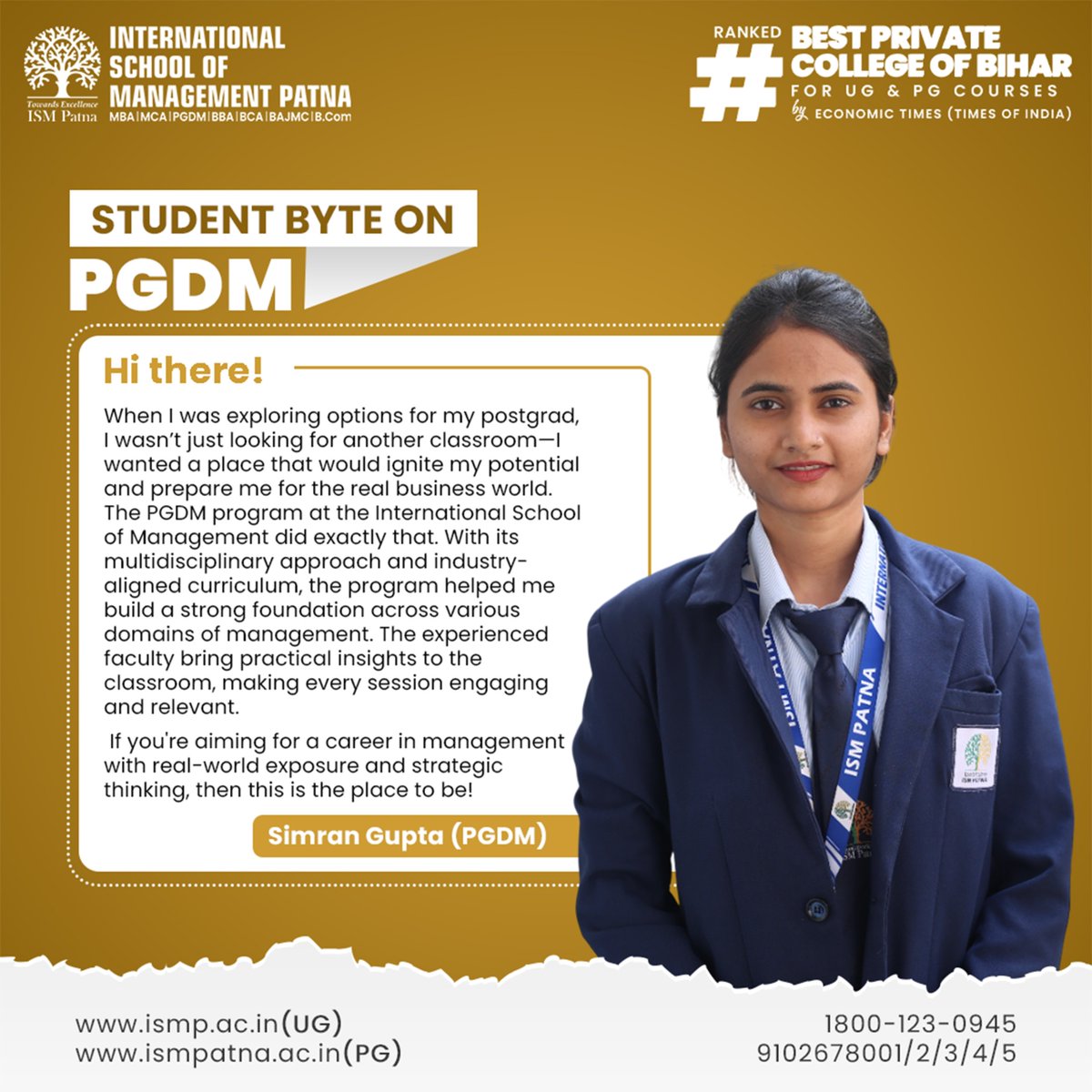 ISMPatna's tweet image. Simran Gupta from the #PGDMprogram – Management domain – Batch — shares how her journey at #ISMPatna helped ignite her potential and prepared her for the real business world.

#StressfreeLife #StudentByte #PGDMCourse #ManagementCourses #BusinessSkills #StudentReview #StudentLife…