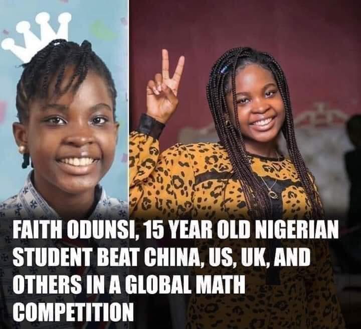 zoomafrika1's tweet image. Miss Faith Odunsi, 15 years old represented Nigeria at the Global Mathematics Competition, beats China, United States of America, United Kingdom and others and became the world best mathematics student.