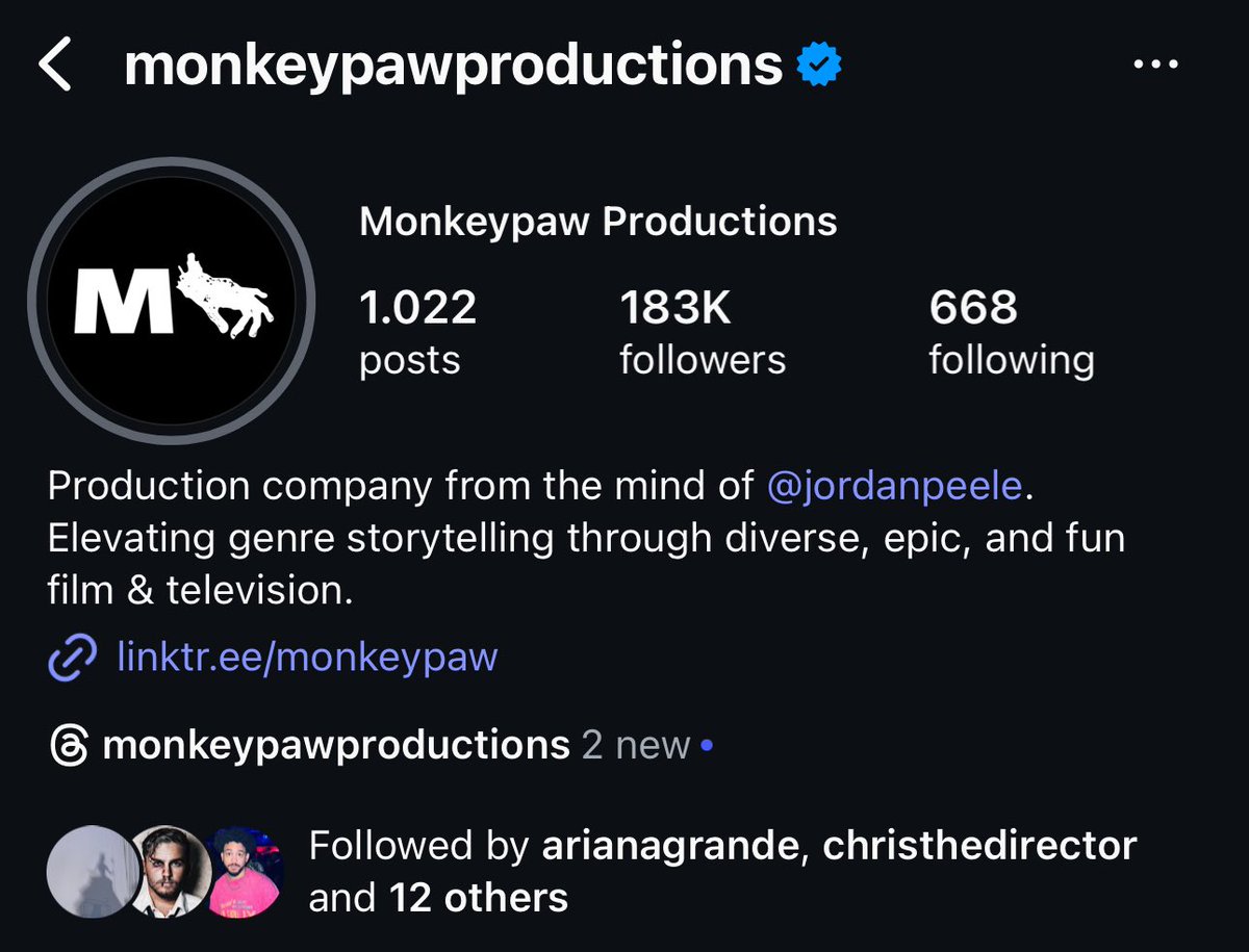 Ariana Grande-Butera has just followed Jordan Peele’s (Get Out, US, NOPE) production company ‘monkey paw productions’ on instagram. Could her next role be in a horror? 👀