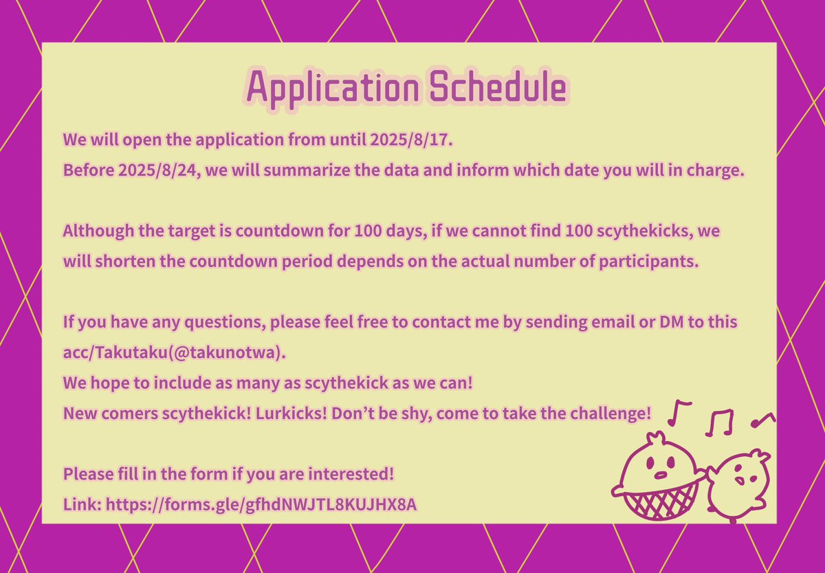 Hey Scythekick! Don’t we try to countdown 100 Days for 🐣BD? Let’s beat the challenge!

Please check below detail and fill in the form if you are interested:

docs.google.com/forms/d/e/1FAI…

Here is the calendar for ref:
docs.google.com/spreadsheets/d…