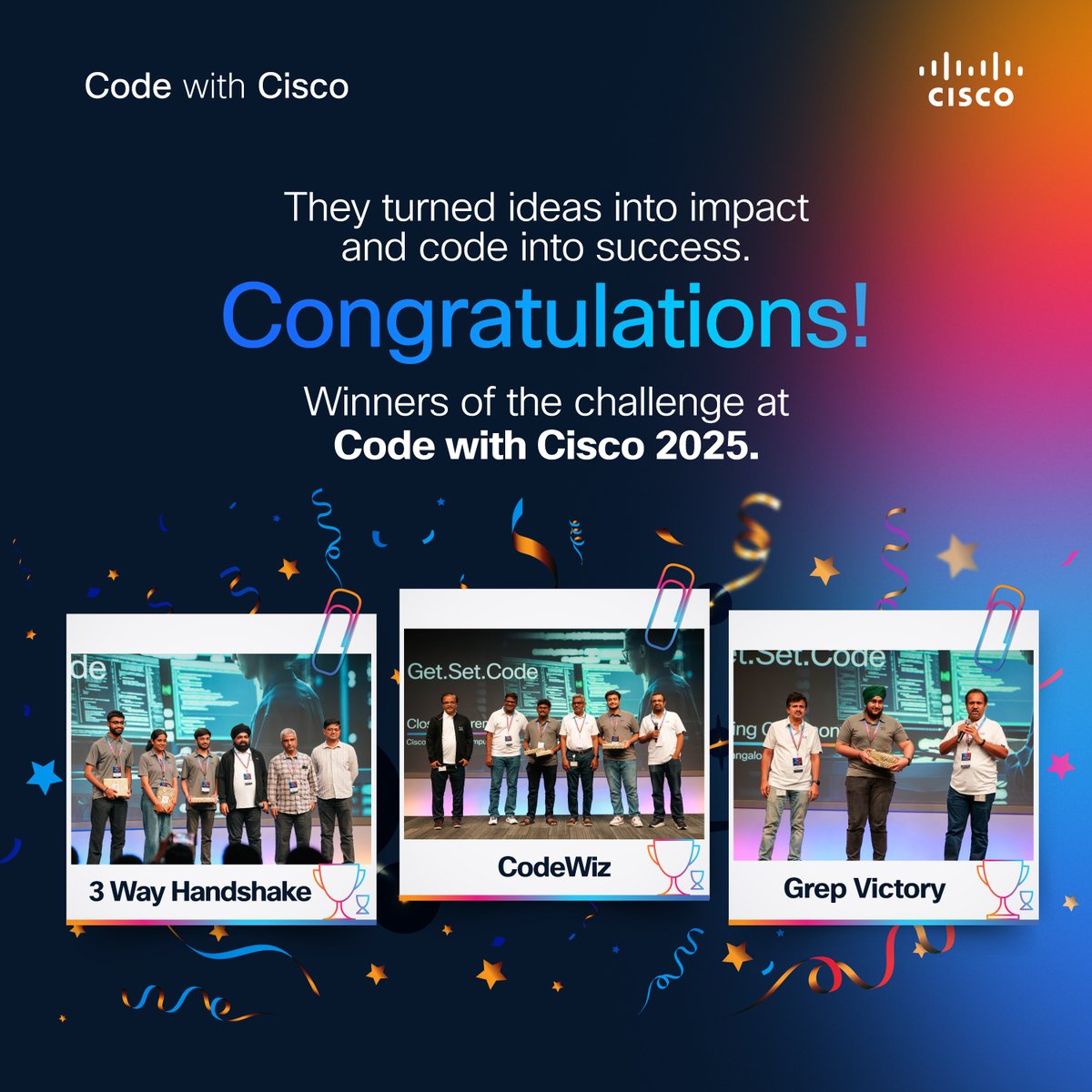 cisco_in's tweet image. 🎉 Code with Cisco 2025 – Winners Announced!
After two days of innovation, three teams stood out with brilliant solutions. 💡🏆
Cheers to all participants for bringing the energy and ideas! 🙌
#CiscoIndia #CodeWithCisco #Innovation #Collaboration #ETR