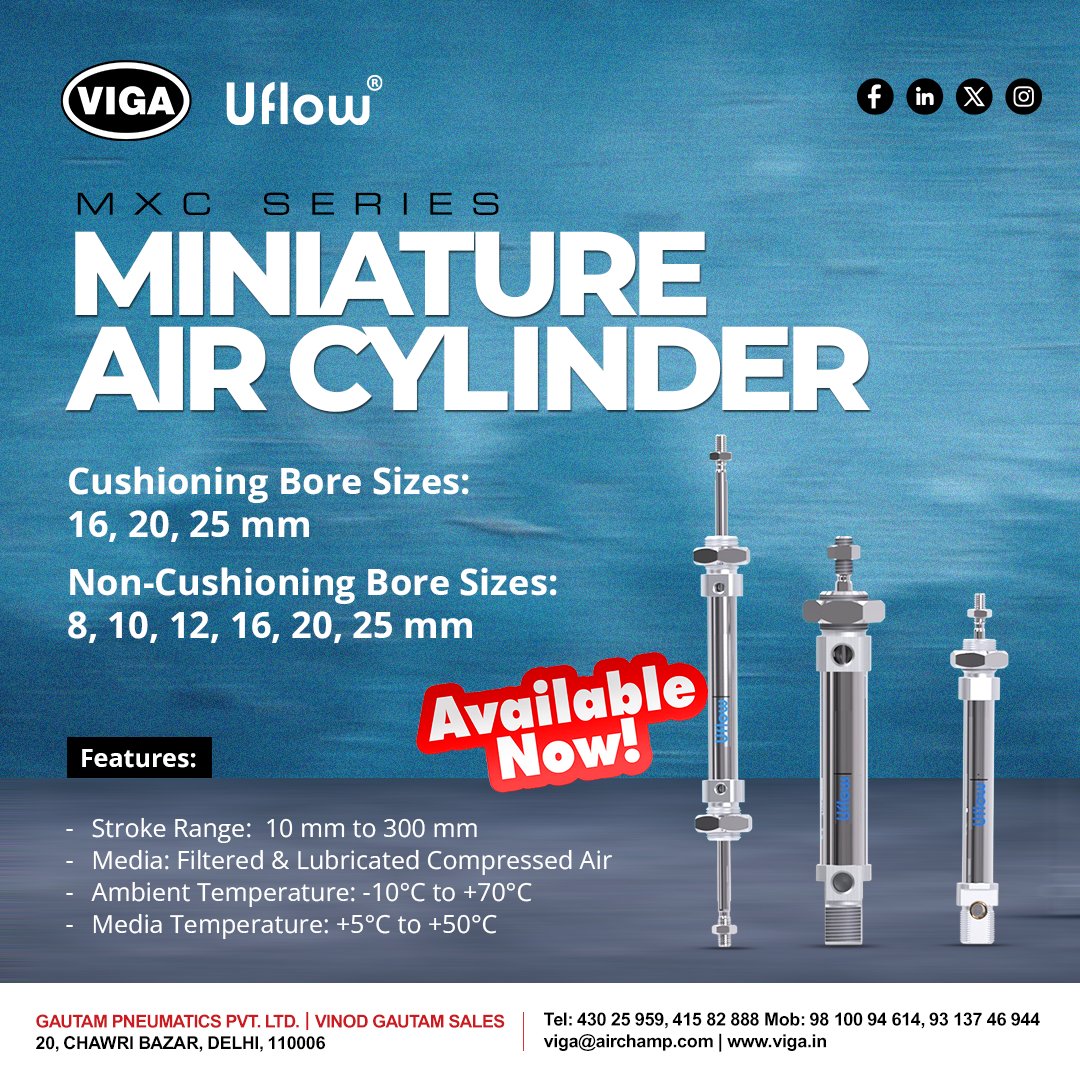 vigadotin's tweet image. ⚙️ NEW: #MXCSeries #MiniAirCylinders
🔹 Compact, Reliable, High-Performance
🔹 Bore sizes: 8 to 25 mm | Stroke: up to 300 mm
💨 Built for tight spaces &amp;amp; automation setups
#CompactAutomation #Pneumatics #IndustrialSolutions #Viga #Uflow 
#PrecisionEngineering #AutomationIndia