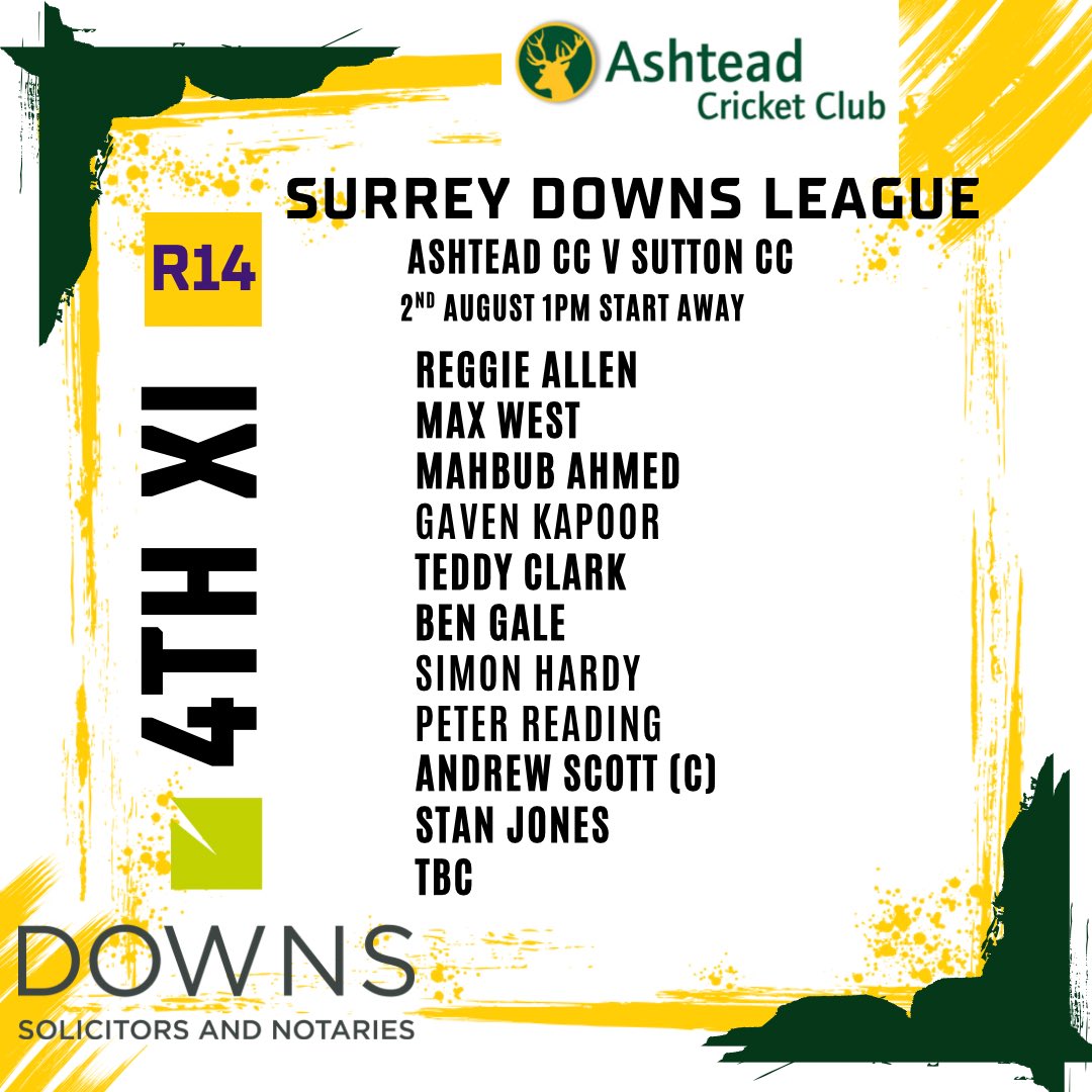 Ashtead Cricket Club (@ashteadcc) on Twitter photo Team sheets for Saturday’s league fixtures - Good luck to all 🏏👏Thx to kit sponsor <a href="/DownsSolicitors/">Downs Solicitors LLP</a> Team sheets for Saturday’s league fixtures - Good luck to all 🏏👏Thx to kit sponsor <a href="/DownsSolicitors/">Downs Solicitors LLP</a>