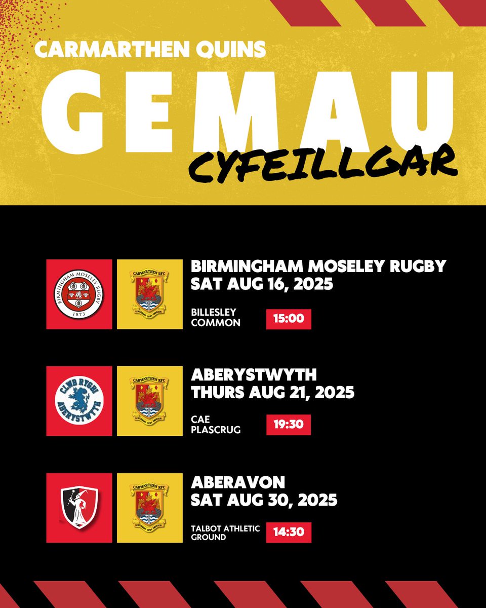 Carmarthen Quins RFC (@carmquinsrfc) on Twitter photo Pre-season friendlies confirmed
16/08 <a href="/MoseleyRugbyFC/">B'ham Moseley Rugby</a> 15:00
21/08 <a href="/AberRFC/">Aberystwyth RFC</a> 19:30
30/08 <a href="/AberavonRugby/">Aberavon Rugby Club</a> 14:30
We'll be heading out on the road this summer. Come and support if you can!
Cefnogwch ni ar yr hewl dros yr haf os ydych chi'n byw gerllaw, neu awydd 'away-day' bach! 😉 Pre-season friendlies confirmed
16/08 <a href="/MoseleyRugbyFC/">B'ham Moseley Rugby</a> 15:00
21/08 <a href="/AberRFC/">Aberystwyth RFC</a> 19:30
30/08 <a href="/AberavonRugby/">Aberavon Rugby Club</a> 14:30
We'll be heading out on the road this summer. Come and support if you can!
Cefnogwch ni ar yr hewl dros yr haf os ydych chi'n byw gerllaw, neu awydd 'away-day' bach! 😉