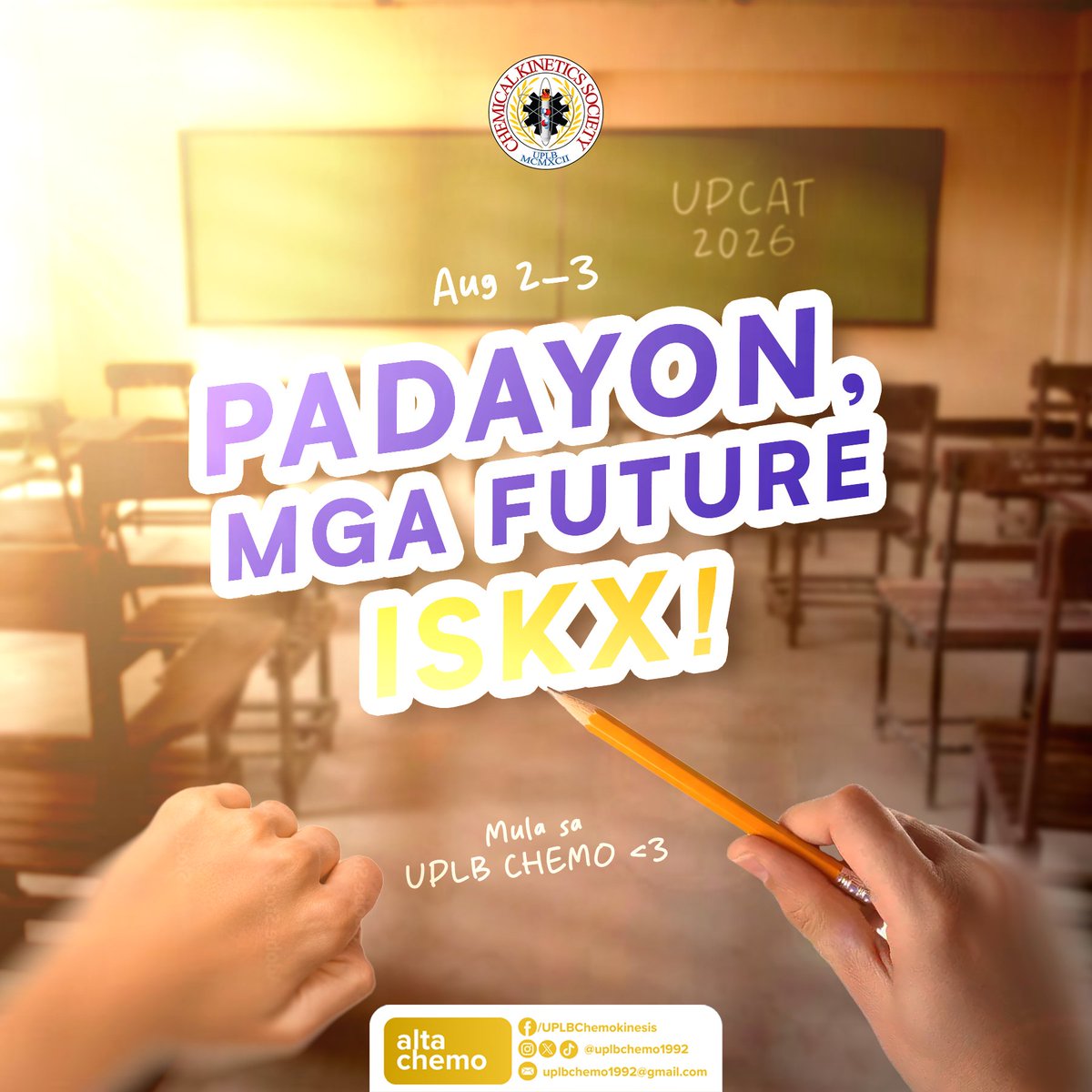 𝐋𝐚𝐛𝐚𝐧 𝐥𝐚𝐧𝐠, 𝐟𝐮𝐭𝐮𝐫𝐞 𝐈𝐬𝐤𝐨𝐥𝐚𝐫 𝐧𝐠 𝐁𝐚𝐲𝐚𝐧! 🌟📖

The UPLB Chemical Kinetics Society is rooting for all UPCAT 2025 takers. 

We believe in you—hanggang Elbi na ‘yan! 🌻

#UPCAT2025
#AltaCHEMO