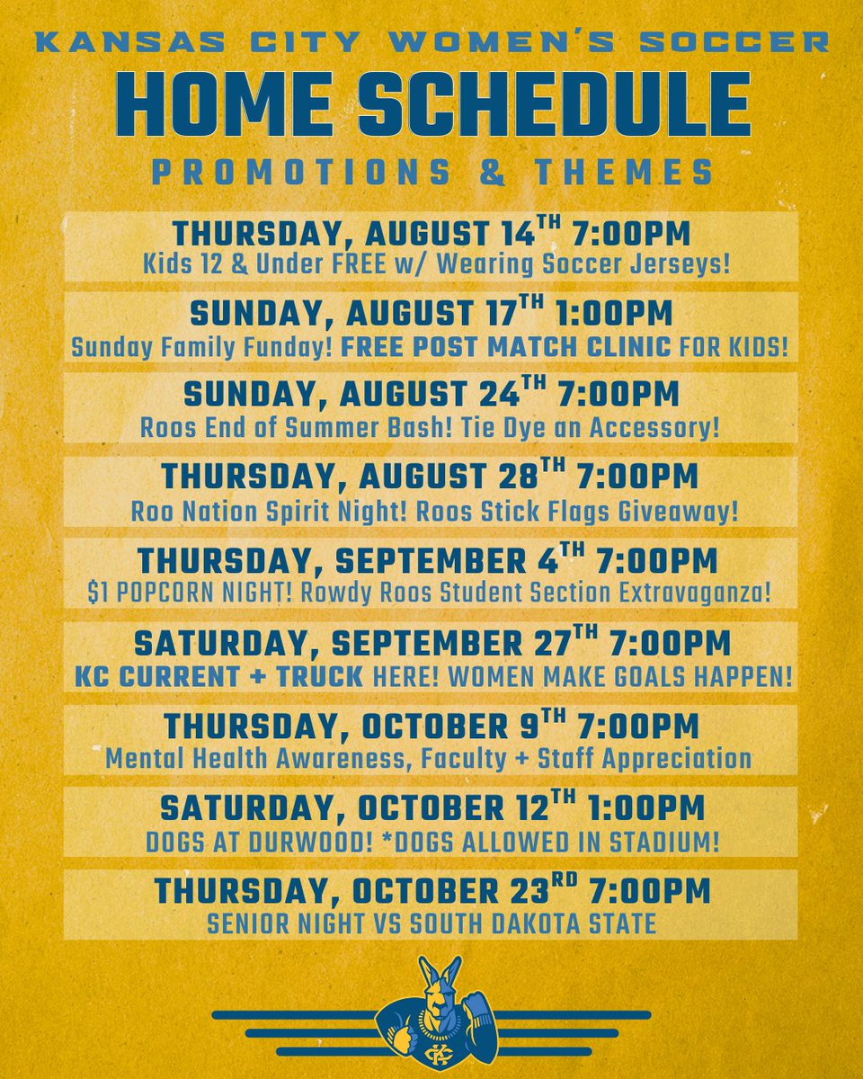 Kansas City Athletics (@kcroosathletics) on Twitter photo Only 9 chances to see <a href="/KCRoosWSoccer/">Kansas City Women's Soccer</a> this season! Enjoy every home gameday featuring great themes like Sunday Family Funday, KC CURRENT & TRUCK (yes they will be here!), Dogs at Durwood & so much more!
Secure your single or season ticket in advance here: kcroos.evenue.net/list/WSOC Only 9 chances to see <a href="/KCRoosWSoccer/">Kansas City Women's Soccer</a> this season! Enjoy every home gameday featuring great themes like Sunday Family Funday, KC CURRENT & TRUCK (yes they will be here!), Dogs at Durwood & so much more!
Secure your single or season ticket in advance here: kcroos.evenue.net/list/WSOC