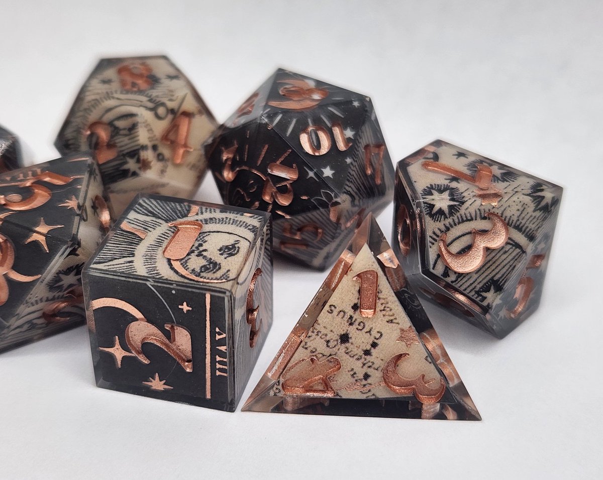 Celestial Deck Dice Set with Rose Gold Numbering 
#dnd #ttrpg #handmadedice #dice #dungeonsanddragons