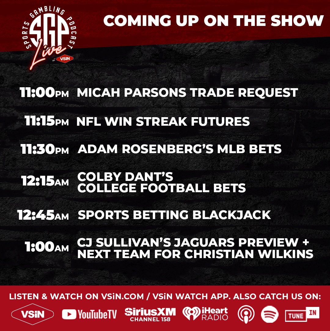 Going live at the top of the hour <a href="/VSiNLive/">VSiN</a>!

w/ <a href="/HeyRosenberg/">Adam Rosenberg</a> ⚾️
w/ <a href="/TheColbyD/">Colby Dant</a> 🏈
w/ <a href="/CJSullivan_/">CJ Sullivan</a> 🏈