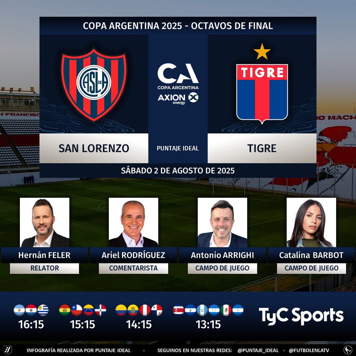 Puntaje Ideal (@puntaje_ideal) on Twitter photo ⚽ #CopaArgentina 🇦🇷 | #SanLorenzo vs. #Tigre
🎙 Relator: <a href="/hfeler/">Hernán Feler</a>
🎙 Comentarista: <a href="/ArielRodriguez/">Ariel Rodríguez</a>
🎙 Campo de juego: <a href="/tonyarrighi/">Tony Arrighi</a> - <a href="/catalina_barbot/">Cata Barbot</a>
📺 <a href="/TyCSports/">TyC Sports</a> 🇦🇷 y <a href="/TyCSports/">TyC Sports</a> Internacional
💻📱 <a href="/TyCSportsPlay/">TyC Sports Play</a> 🇦🇷
🤳 #CopaArgentinaEnTyCSports
Dale RT 🔃 ⚽ #CopaArgentina 🇦🇷 | #SanLorenzo vs. #Tigre
🎙 Relator: <a href="/hfeler/">Hernán Feler</a>
🎙 Comentarista: <a href="/ArielRodriguez/">Ariel Rodríguez</a>
🎙 Campo de juego: <a href="/tonyarrighi/">Tony Arrighi</a> - <a href="/catalina_barbot/">Cata Barbot</a>
📺 <a href="/TyCSports/">TyC Sports</a> 🇦🇷 y <a href="/TyCSports/">TyC Sports</a> Internacional
💻📱 <a href="/TyCSportsPlay/">TyC Sports Play</a> 🇦🇷
🤳 #CopaArgentinaEnTyCSports
Dale RT 🔃