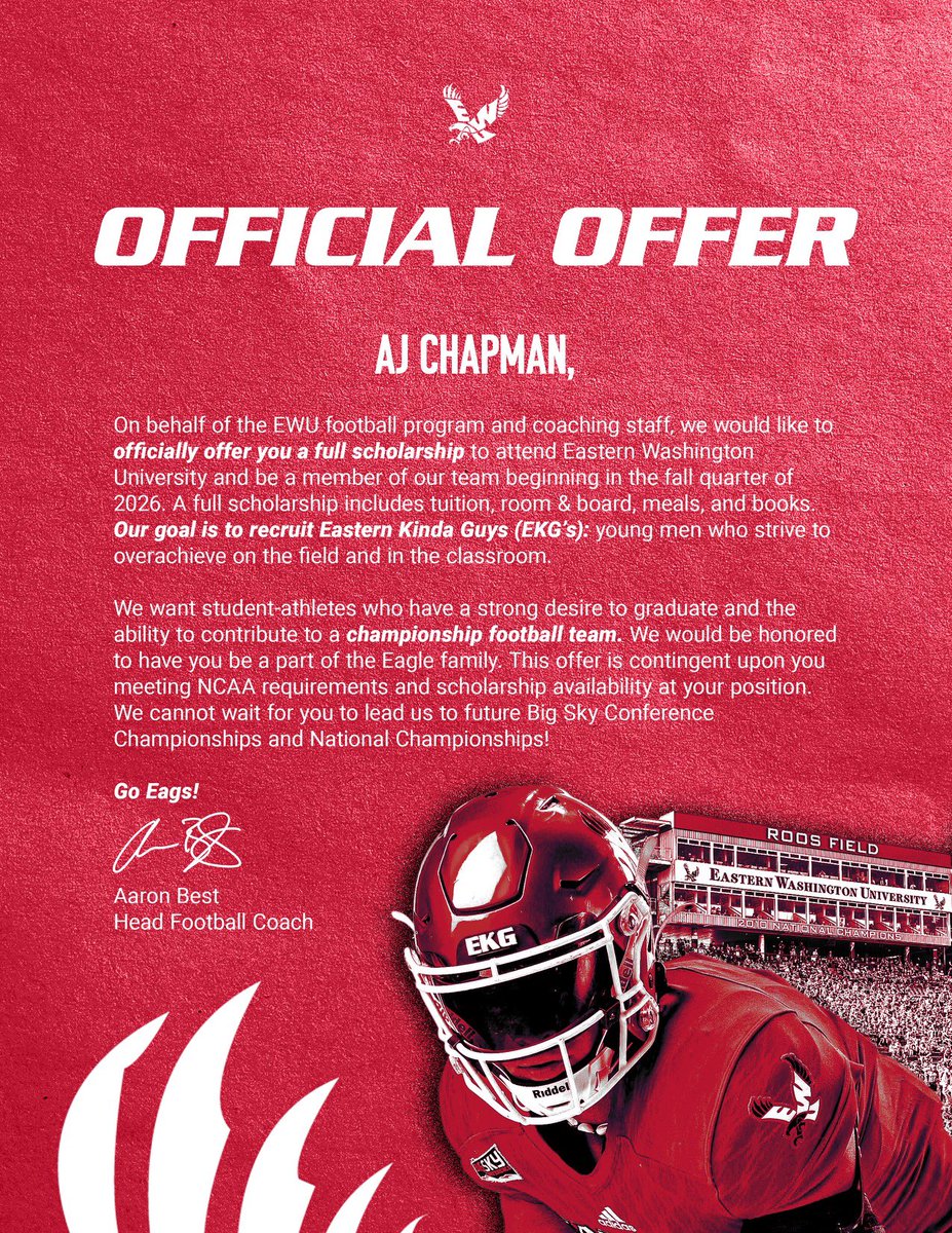 AJ Chapman (@ajchap9) on Twitter photo Extremely grateful to <a href="/EWUFootball/">EWU Football 🏈</a> for the official offer!
#GoEags 🦅 | #BuildTheNest26 🦅 | #ProtectTheRed
<a href="/CoachBestEWU/">Coach Aaron Best</a> <a href="/CoachAnderson_M/">Marc Anderson</a> <a href="/Coach__York/">Austin York</a> <a href="/EWUCoach_Bruce/">Zach Bruce</a> <a href="/CoachWesNurse/">Wes Nurse</a> <a href="/EWUFBRecruiting/">EWU Football Recruiting</a> <a href="/CoachGermer/">Chad Germer</a> <a href="/CoachCBrink/">Casey Brink</a> <a href="/MarcusMccurty1/">Marcus Mccurty</a> <a href="/Coach_Heffler/">Andrew Heffler, M.S.</a> <a href="/Coach_TMACK/">CoachT-MACK</a> Extremely grateful to <a href="/EWUFootball/">EWU Football 🏈</a> for the official offer!
#GoEags 🦅 | #BuildTheNest26 🦅 | #ProtectTheRed
<a href="/CoachBestEWU/">Coach Aaron Best</a> <a href="/CoachAnderson_M/">Marc Anderson</a> <a href="/Coach__York/">Austin York</a> <a href="/EWUCoach_Bruce/">Zach Bruce</a> <a href="/CoachWesNurse/">Wes Nurse</a> <a href="/EWUFBRecruiting/">EWU Football Recruiting</a> <a href="/CoachGermer/">Chad Germer</a> <a href="/CoachCBrink/">Casey Brink</a> <a href="/MarcusMccurty1/">Marcus Mccurty</a> <a href="/Coach_Heffler/">Andrew Heffler, M.S.</a> <a href="/Coach_TMACK/">CoachT-MACK</a>