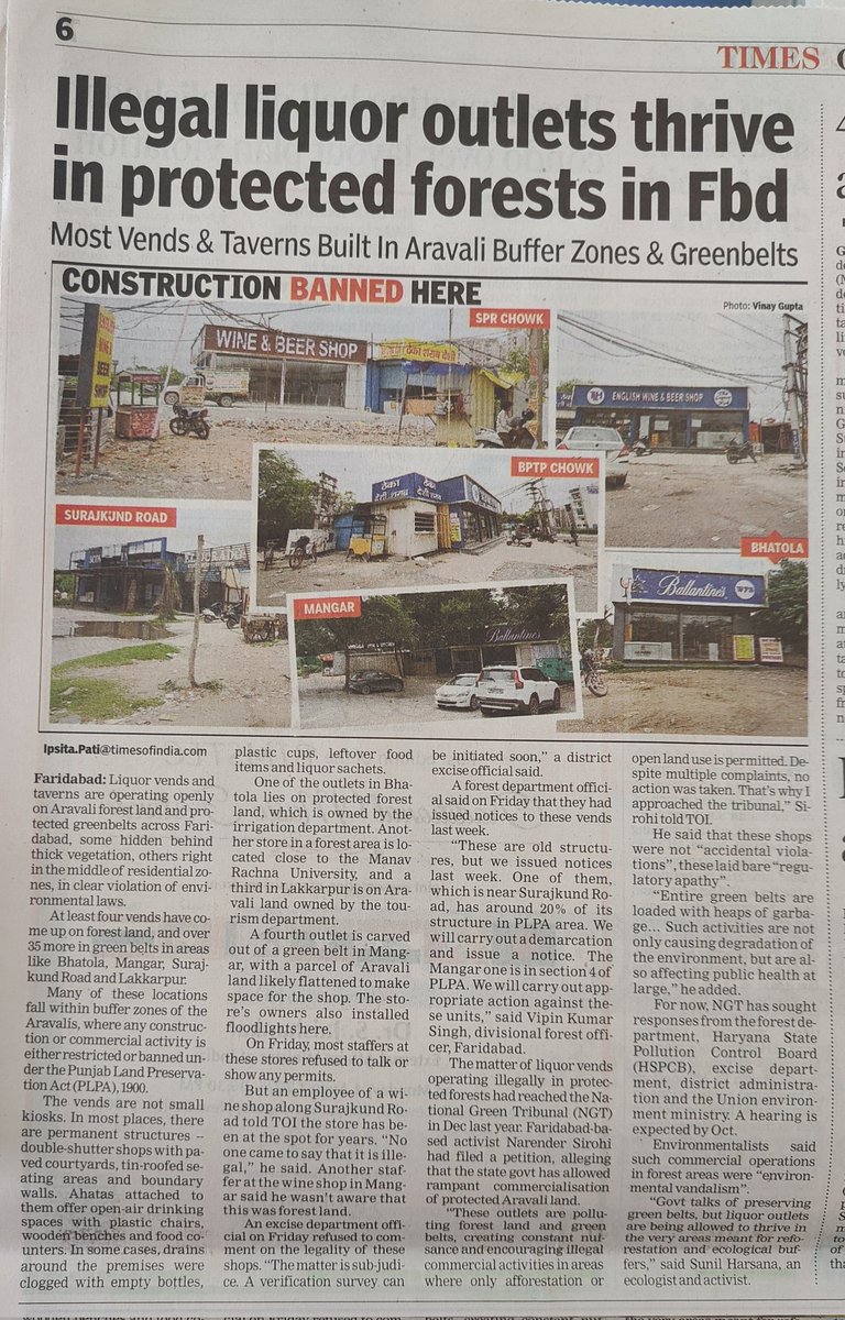Ipsita pati🌳 (@ipsitatoi) on Twitter photo Illegal liquor outlets thrive in protected #Aravali forests, green belts in Faridabad
<a href="/moefcc/">MoEF&CC</a> <a href="/FawpsIndia/">Forests And Wildlife Protection Society-FAWPS 🇮🇳</a>
<a href="/lifeindia2016/">Legal Initiative for Forest and Environment</a> <a href="/rahuulchoudhary/">rahul choudhary</a>
<a href="/AdvGauravKumar/">Gaurav Kumar Bansal</a> <a href="/pargaien/">Mohan Pargaien IFS🇮🇳</a>
<a href="/SPYadavIFS/">SP Yadav</a>
Read the full story here
timesofindia.indiatimes.com/city/gurgaon/i… Illegal liquor outlets thrive in protected #Aravali forests, green belts in Faridabad
<a href="/moefcc/">MoEF&CC</a> <a href="/FawpsIndia/">Forests And Wildlife Protection Society-FAWPS 🇮🇳</a>
<a href="/lifeindia2016/">Legal Initiative for Forest and Environment</a> <a href="/rahuulchoudhary/">rahul choudhary</a>
<a href="/AdvGauravKumar/">Gaurav Kumar Bansal</a> <a href="/pargaien/">Mohan Pargaien IFS🇮🇳</a>
<a href="/SPYadavIFS/">SP Yadav</a>
Read the full story here
timesofindia.indiatimes.com/city/gurgaon/i…