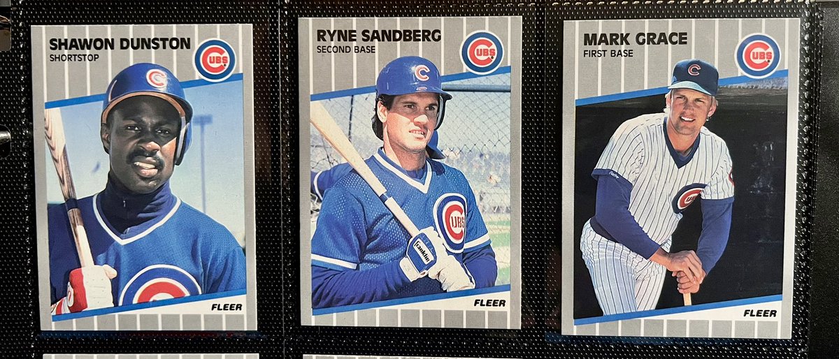 StanleyCup3533's tweet photo. Dunston to Sandberg to Grace. I can hear Harry’s voice say it like he’s alongside me. 1988 Fleer. #ryno #RynoStrong #rynesandberg #Cubs #baseball #baseballcards #buildabinder #thehobby #junkwax https://t.co/yPXGdmW3Dr