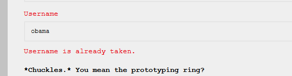 An image of the username inputs. In the username section is obama. The flavor text reads: "*Chuckles.* You mean, the prototyping ring?"