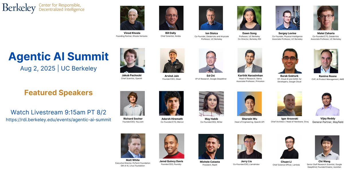 Dawn Song (@dawnsongtweets) on Twitter photo Really excited for the Agentic AI Summit 2025 at <a href="/UCBerkeley/">UC Berkeley</a>—2K+ in-person attendees and ~10K online! Building on our 25K+ LLM Agents MOOC community, this is the premier global forum for advancing #AgenticAI.
👀 Livestream starts at 9:15 AM PT on August 2—tune in! Really excited for the Agentic AI Summit 2025 at <a href="/UCBerkeley/">UC Berkeley</a>—2K+ in-person attendees and ~10K online! Building on our 25K+ LLM Agents MOOC community, this is the premier global forum for advancing #AgenticAI.
👀 Livestream starts at 9:15 AM PT on August 2—tune in!