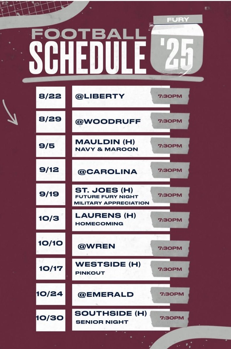 Fury_Boosters (@furyboosters) on Twitter photo It’s August and we are officially counting down to Friday Night Lights! <a href="/FIHSfootball44/">Fountain Inn High School Football</a> Football season kicks off on 8/22 at Liberty. It’s August and we are officially counting down to Friday Night Lights! <a href="/FIHSfootball44/">Fountain Inn High School Football</a> Football season kicks off on 8/22 at Liberty.