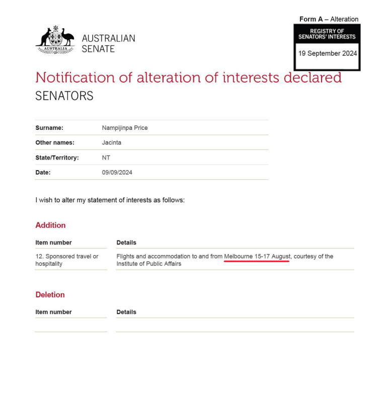 Hey <a href="/ipeaAusGov/">IPEA</a> 

Could you double-check this one please

Jacinta Price claimed she was in Canberra (Travel Allowance) 12-18 August 2024, 6 nights

She also declared she was in Melbourne 15-17 August 2024

Both can't be true
🐝
#auspol
