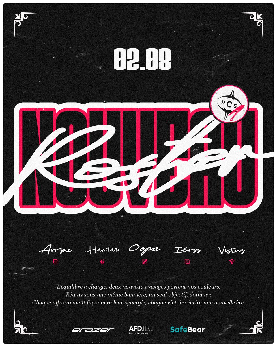 🔴| LEAGUE OF LEGENDS |⚫️

🚨 Nouveaux renforts sur la Faille pour PCS Academy !
Deux joueurs rejoignent notre roster pour la suite du Nexus Tour 👀🔥

🆕 Bienvenue à :

🪓 <a href="/ArrZac/">Arrzak</a> au TOP
🧙‍♂️ <a href="/OopaB9/">Oopa</a> au MID

Ces arrivées marquent aussi la fin d’un chapitre :
Un immense merci à