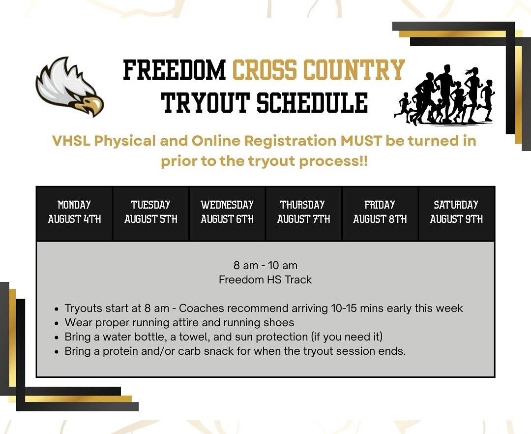 freedomhs_xctf's tweet image. 📣 Cross Country Tryouts! 🏃‍♀️🏃‍♂️
🗓️ Monday–Saturday (Next Week!)
✅ Make sure your physical is up to date
📝 Be registered for Cross Country
💪 All experience levels welcome!