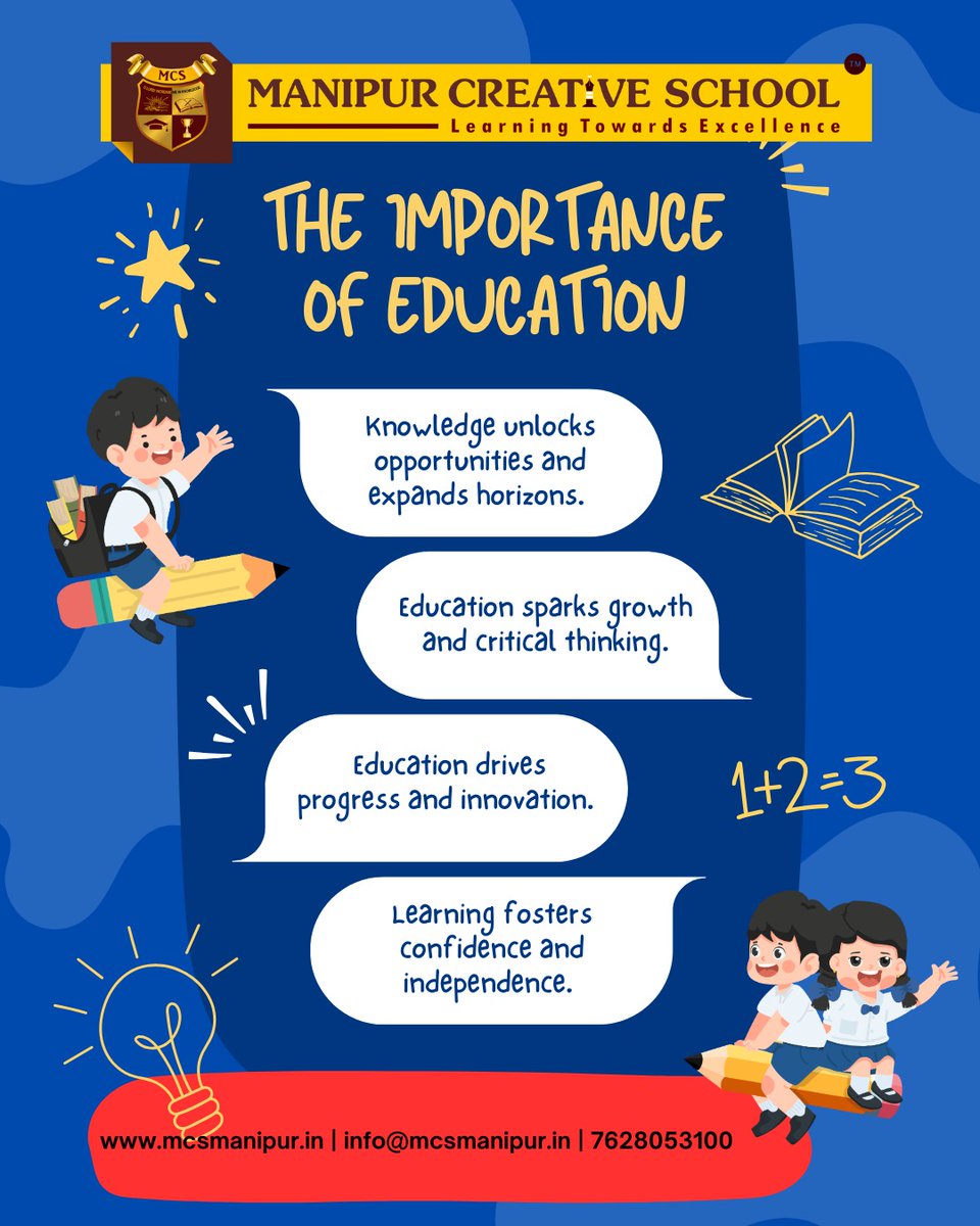 MCSImphal's tweet image. 📚✨ **The Importance of Education** ✨📚
At **Manipur Creative School**, we believe education is the key to unlocking a brighter future.

#ManipurCreativeSchool #ImportanceOfEducation #LearningForLife #EducationMatters #SchoolLife #MCS #InspiringYoungMinds #AcademicExcellence