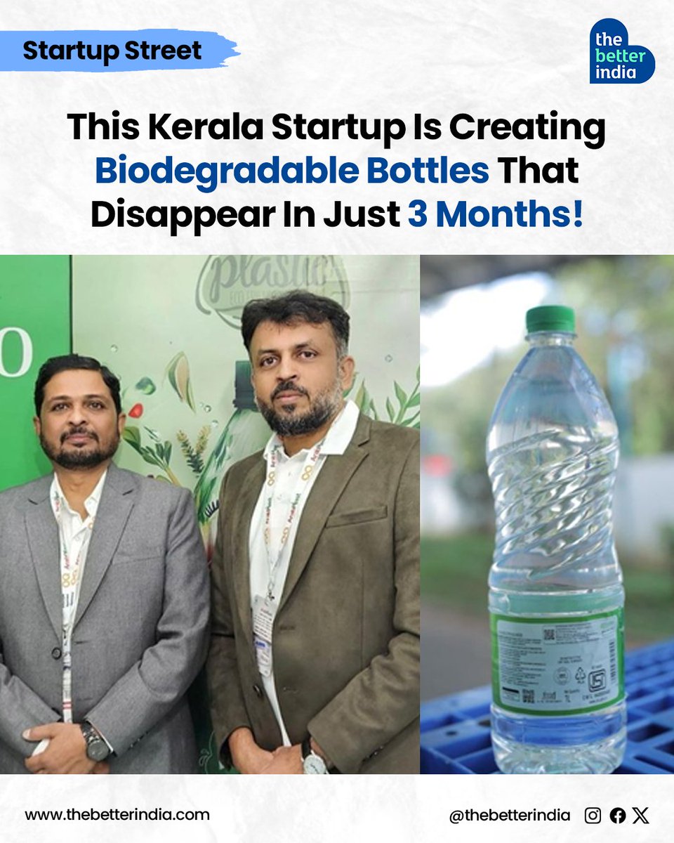 What if your water bottle vanished in just 3 months? Not into landfills. Not into oceans. But back into nature.

Meet Green Bio, a Kerala-based startup that’s rewriting the future of plastic.

Founded by Pradeep Kokkat and Ali Asgar, Green Bio’s bottles look like plastic — but