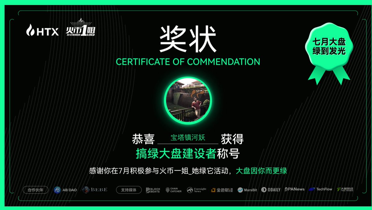 感谢 @ceee333_  给的奖状，搞绿大盘，人人有责 ！

8月继续上，是建设者了，不是混子了。

感谢 #HTX 的认可，大家一起 #搞绿大盘

 <a href="/sunyuchentron/">孙宇晨🍌</a> <a href="/HTX_Molly/">火币HTX六爷</a> <a href="/HuobiGlobal/">火币HTX</a> #HTXNOVA
